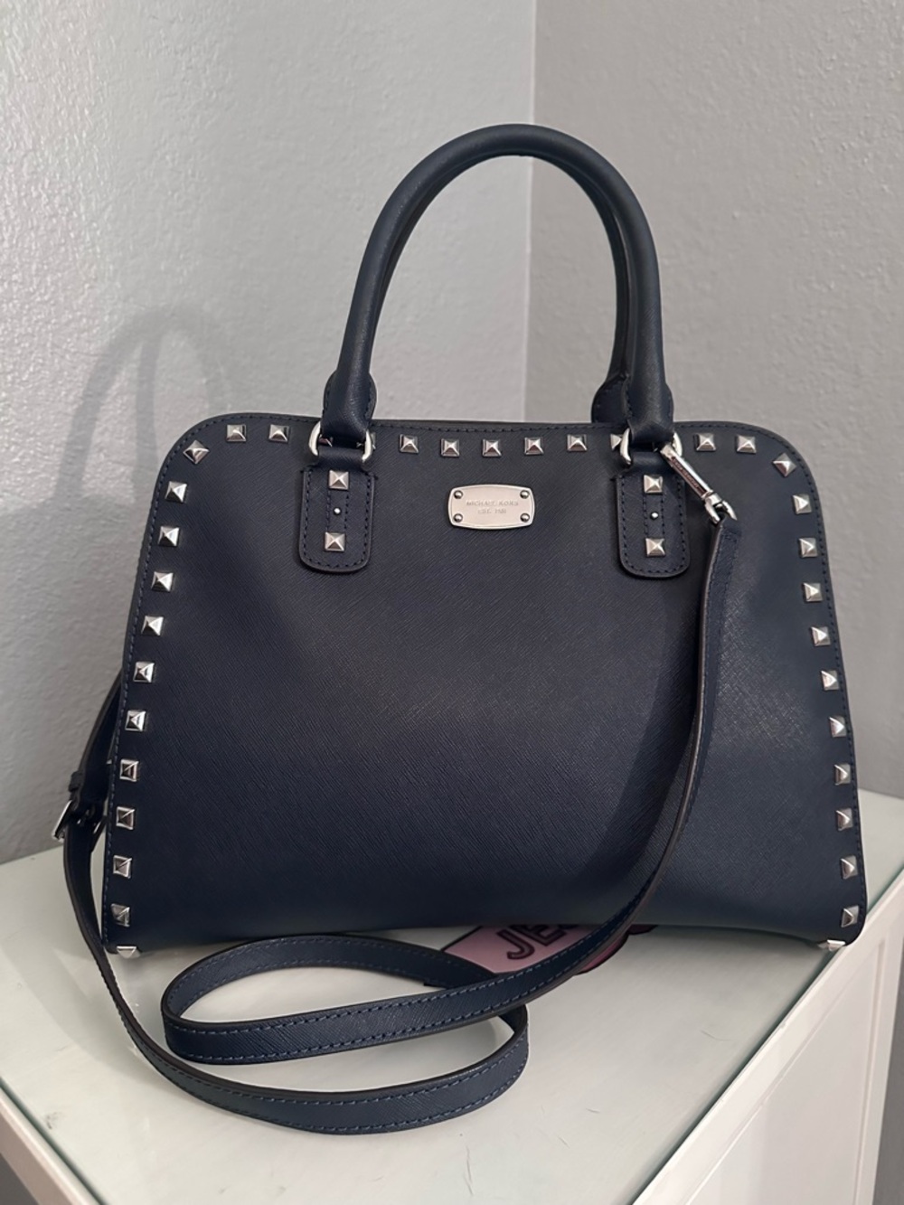 Michael Kors Navy Saffiano Leather Studded Satchel